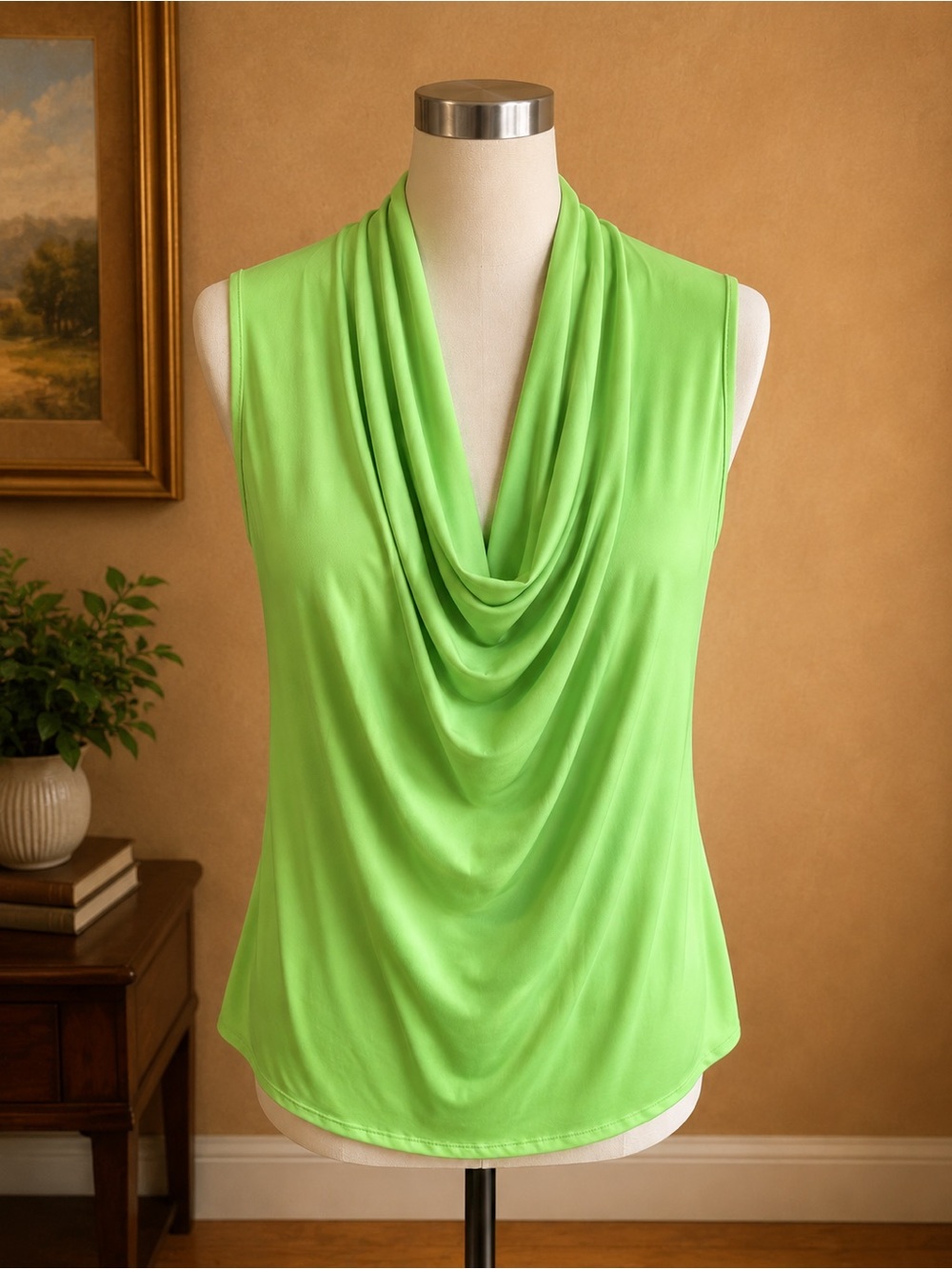 Ashley Stewart Sleeveless Draped Cowl Top in Bright Lime Green